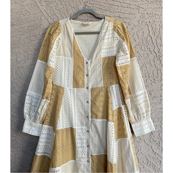 SEZANE Beige Cream Patchwork Eyelet Button Down Midi Dress Matissa Shirt Dress
